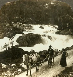 Stopp av en stolkjaerre på Telemarksveien ved den frådende Lille Rjukan Falls, Norge, c1905