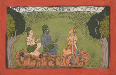 Hanuman før Rama og Lakshmana... den spredte 'Mankot' Ramayana-serien, ca. 1710-25.