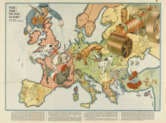 Hør! Hør! Hundene bjeffer! Europeisk satirisk kart, 1914