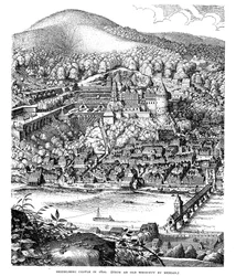 Heidelberg slott og by sett over Neckar-elven, Tyskland, i 1620