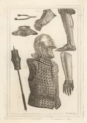 Hjelm og brigandin 1, jerngreve eller benpanser 2, hanske tilhørende John of Gaunt 3, jernhanske 4, gorget 5, jernmace 6, antikk jernsprøytespore 7