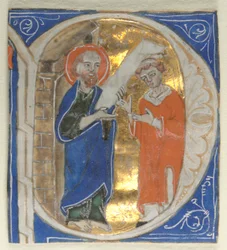 Historiert innledende utskåret fra en bibel: St. Paul and a Cleric, 1200-tallet.