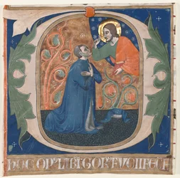 Historikert innledende O Utskåret fra et antifonarium: The Donor, Gorus Fucci, Kneels before Christ, c