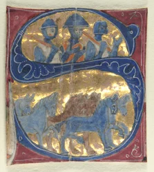 Historikert initial S Utskåret fra en bibel: soldater og hester, 1200-tallet.