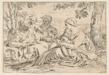 Hellig familie med Saint Elizabeth og Saint John the Baptist, kopi i revers a..., ca.1639 eller senere.