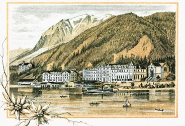 Hotel Scholastika langs Achensee Achen Tyrol Østerrike rundt 1900