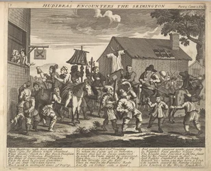 Hudibras Encounters the Skimmington Plate 7: Illustrasjoner til Samuel Butlers Hudi..., 1725-30.