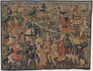 Jakt og pastorale scener, med en sekkepiper og dansere, ca. 1510.