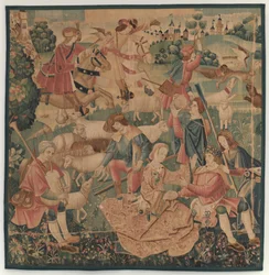 Hunting and Pastoral Scenes, with a wreathed hero between ladies, c. 1510.    1205062   no       norwegian Successfully Translated  Original: J Translat: J 1333936 no norwegian Successfully Translated Original: Rot the beggar exclaims Romford, 1865. Artist