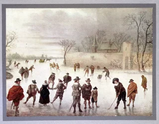 Illustrasjon av folk som spiller golf på frossent vann, c1700-tallet