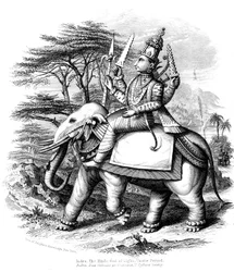 Indra, rektor for de vediske gudene i India monterte på elefanten sin, c1880