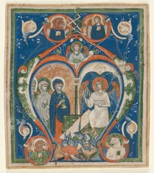 Initial A [ngelus Domini descendit] fra et antifonarium: The Three Marys at the Tomb, c1280-1300.