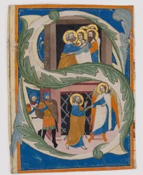 Innledende S med Saint Peter Frigjort fra fengsel, første halvdel av 1300-tallet.