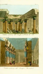 Interiør av Isis-tempelet på Philae Island, Nubia, og interiøret i det store Ramses II-tempelet i Abu Simbel (Ibsambul), Nubia