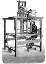 Jacquardvevstol, med swags av hullkort som mønsteret ble vevd av, 1876