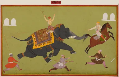 Jai Singhs elefant Pakhrao går amok og griper en hest i halen, ca. 1680.