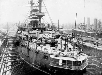Japansk krigsskip Mikasa ved Portsmouth dokker, England, 1904
