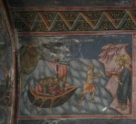 Jesus går på vannet. Kristus redder Peter fra drukning, 1300-tallet