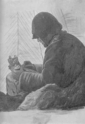 Johansen sitter i soveposen i hytta, c1893-1896, 1897