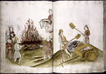 John Hus blir brent på bålet 6. juli 1415 og asken hans blir kastet i Rhinen fra: Ulrich Richental Chronicle of the Coun, 1414-1418