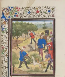John II Comnenus, bysantinsk keiser på jakt. Miniatyr fra Historia av William av Tyrus, 1460-tallet