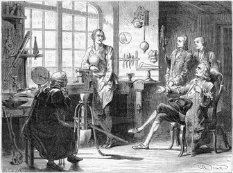 Joseph Black besøker James Watt i verkstedet hans i Glasgow, c1760 c1879