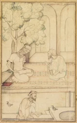 Kabir og to følgere på en terrasse recto, kalligrafi verso, ca. 1610-1620.