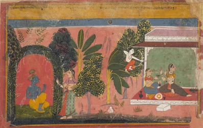 Kama sikter sin bue mot Radha: Side fra en spredt Gita Govinda Loves of Krishna, ca. 1695.