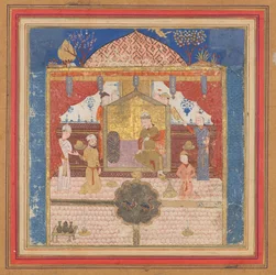 Khusrau Parviz før sin far Hurmuzd, Folio fra en Shahnama..., ca. 1430-40.