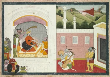 Kong Bana nyter musikk i hoffet sitt, fra Usha-Aniruddha-delen av en Krishna Lila, ca. 1760-17