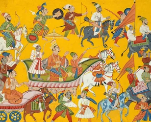 Kong Dasaratha og hans følge fortsetter til Ramas bryllup: Folio fra Shangri..., ca. 1690-1710.