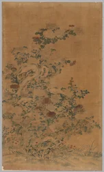 Ko Ssu Panel: Bergarter og krysantemum, 1700-1800-tallet.
