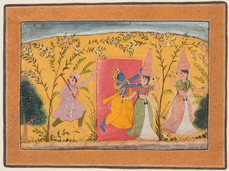 Krishna krever en toll fra melkepikene, fra en Bhagavata Purana, ca. 1600.