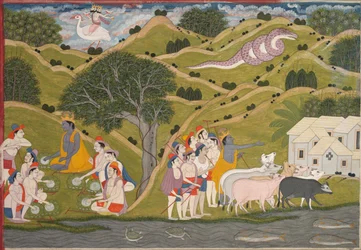 Krishna vender tilbake med cowherds til Braj, fra en Bhagavata Purana