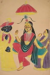 Krishna står ved Radha som sitter på en stol, 1800-tallet.