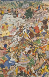 Krishna og Balarama kjemper mot fienden, folio fra en Harivamsa The Legend of Hari..., c1590-95.