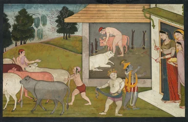 Krishna og Lakshmana tar storfeet ut på beite, side fra Bhagavata Purana, ca. 1780-1790.
