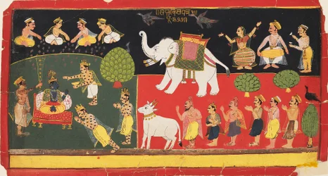 Krishna æret av Indra som ankom på en hvit elefant, c1720