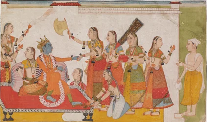 Krishna tar imot Sudama, fra Bhagavata Purna, ca. 1700.