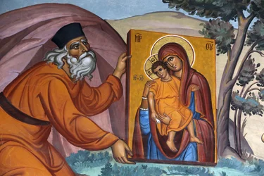 Kykkos kloster, Kypros. Fresco. Munk som bærer et hellig ikon, 20150510, Pedoulas, Kypros