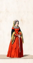 Dame-i-vente, kostymedesign for Shakespeares skuespill, Henry VIII, 1800-tallet
