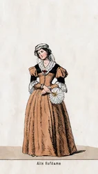 Dame-i-vente, kostymedesign for Shakespeares skuespill, Henry VIII, 1800-tallet