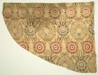 Lampas med dobbelt ogivalt blomstermønster på rutete underlag, 1550-1575.