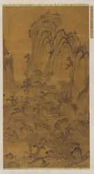 Landskap: en fjellkløft, en bekk, bygninger og mennesker, Ming-dynastiet, 1400-1500-tallet.
