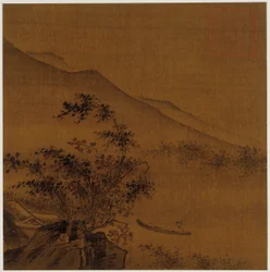 Landskap: åssider, steiner, trær, hus og en båt, Ming-dynastiet, 1368-1644.