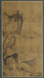 Landskap: fjell og vann, en figur under et furutre, 1500-begynnelsen av 1600-tallet.