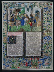 Blad fra Jehan de Courcys Universal Chronicle: King Priam Meets Helen and Paris..., ca. 1470.