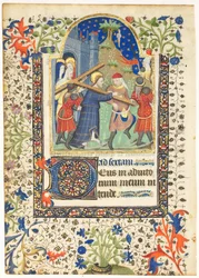 Blad fra en timebok: Kristus som bærer korset Sext, Hours of the Cross, ca. 1410-1420.