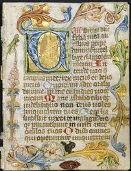 Blad fra en timebok: Initial V med blomsterkant, ca. 1460-1500.