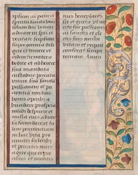 Blad fra en timebok: Tekst med illustrert kant på baksiden, ca. 1510.